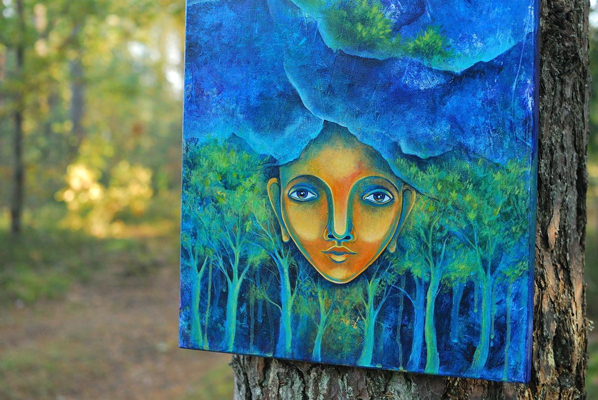 painting   art acrylic spirit Nature portrait ILLUSTRATION  forest mountains woman