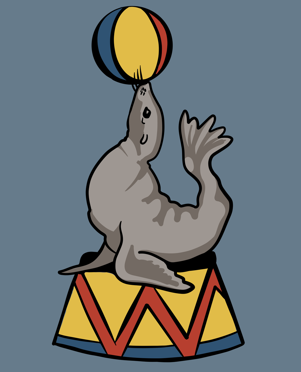 A circus sea lion perched on a stand balances a beach ball on its nose, illustration.