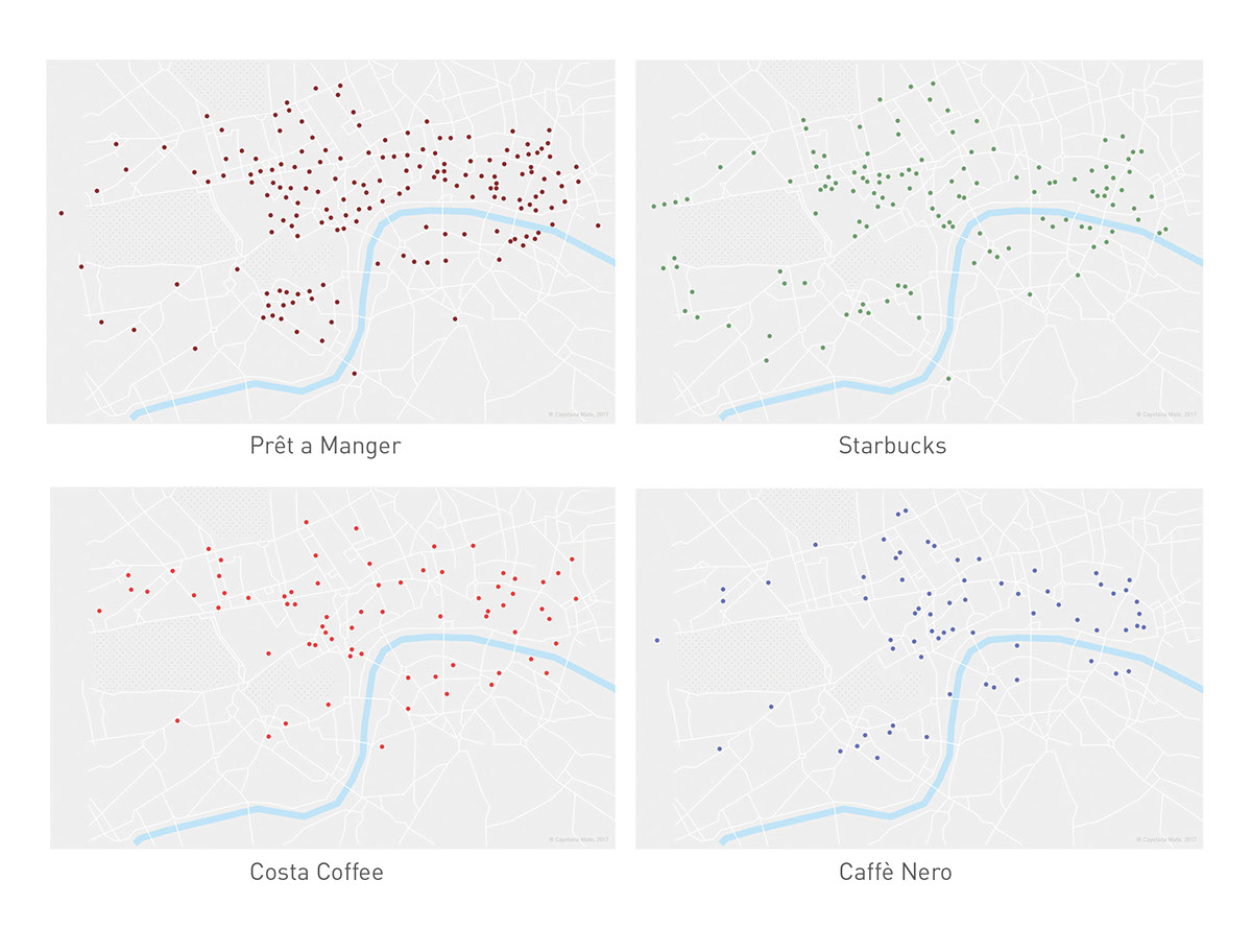 maps cartography London UK Coffee coffee shop Pret A Manger infographic Data data visualization