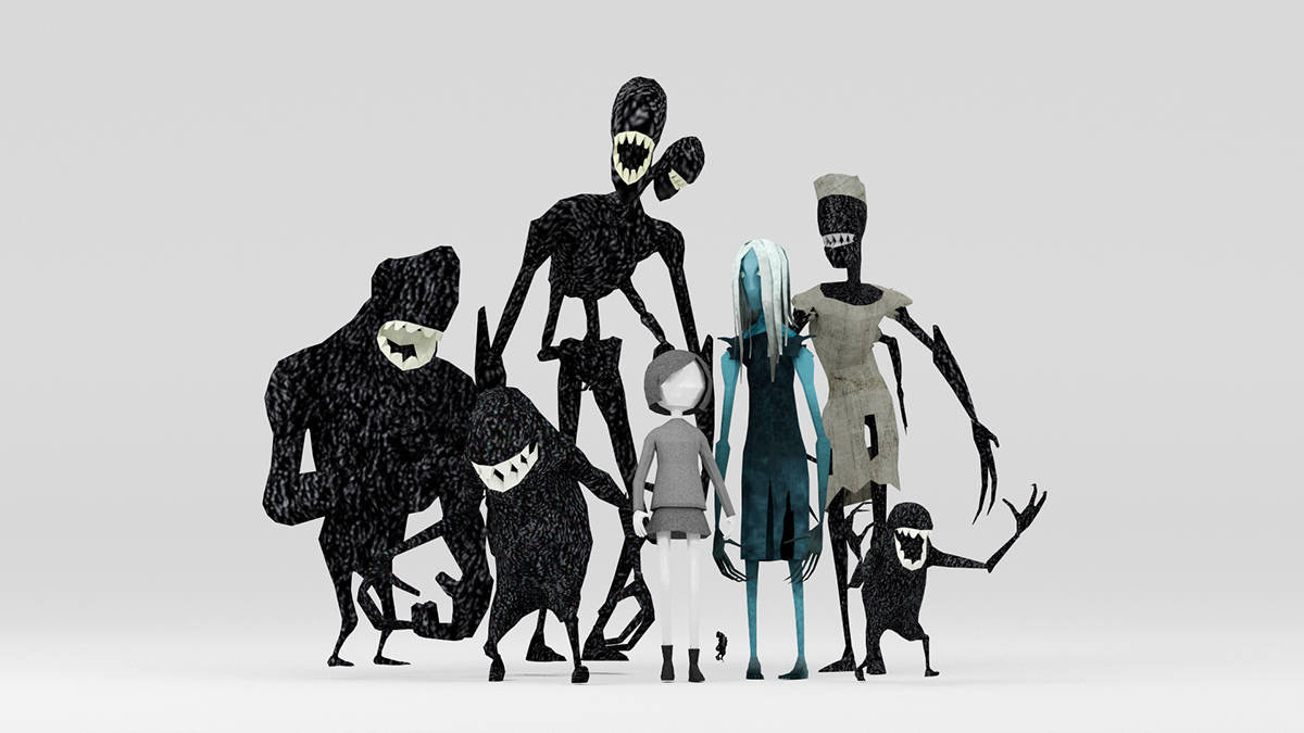 videogame black asylum Character 3D horror game blue monster