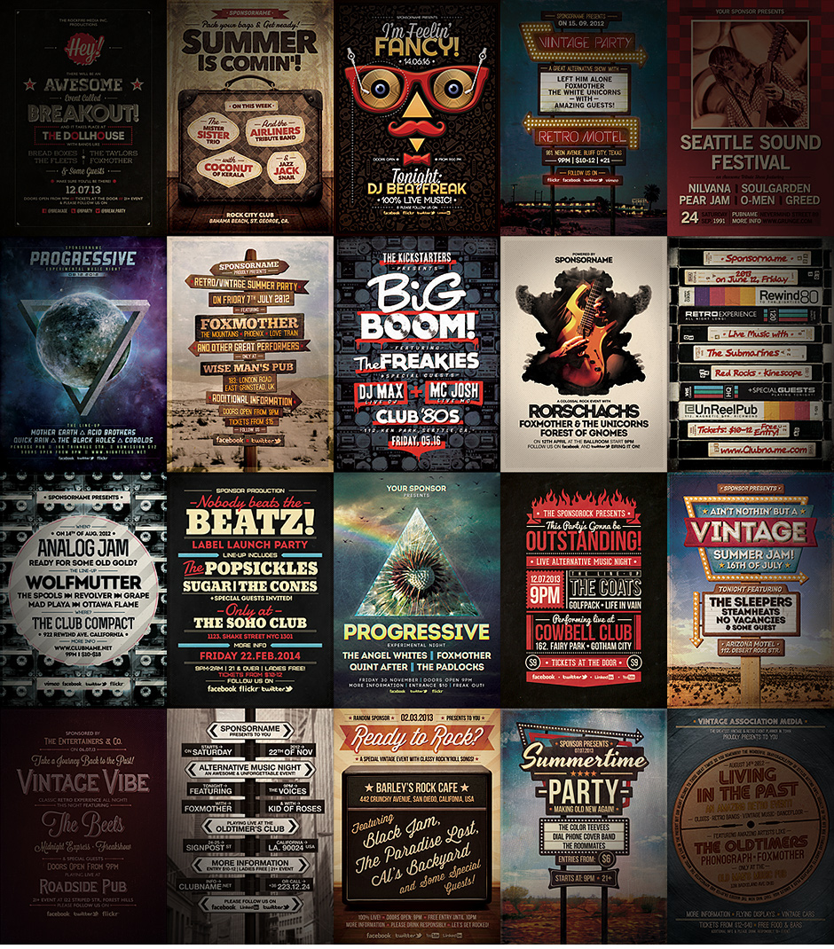 flyer poster Collection print template vintage Retro night indie rock alternative Event gig psd template