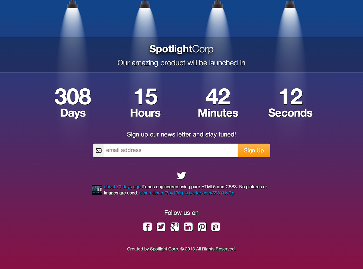 Coming Soon under construction template html5 css3 spotlight countdown twitter feed tweets Ticker