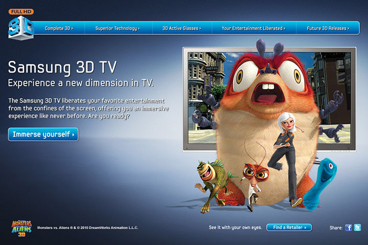 Samsung 3d tv SAMSUNG 3D blue gradient dreamworks Monsters vs Aliens 3D led tv Digital Advertising digital campaign microsite Flash 3D Papervision 3D