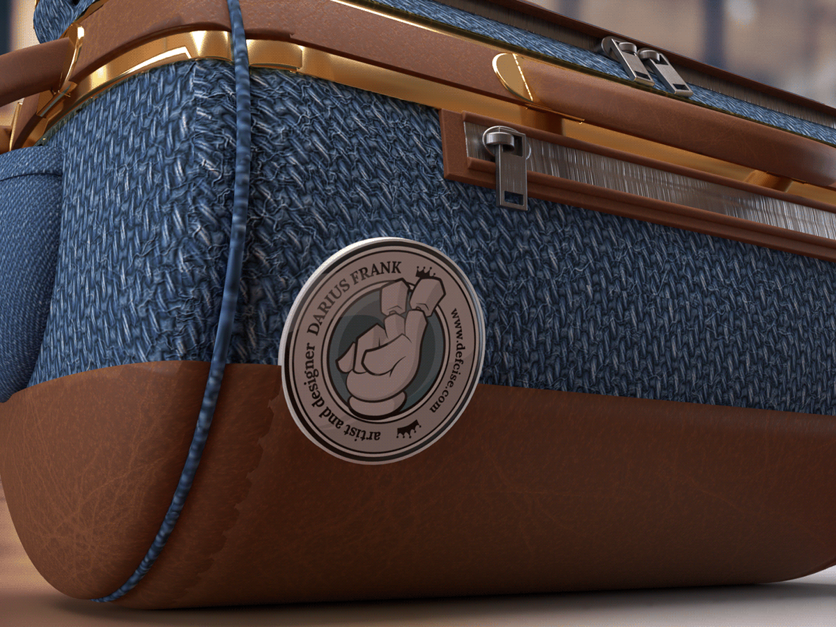 A grainy image of a 3d designer bag concept render in denim. The Burrough bag, by Darius Frank