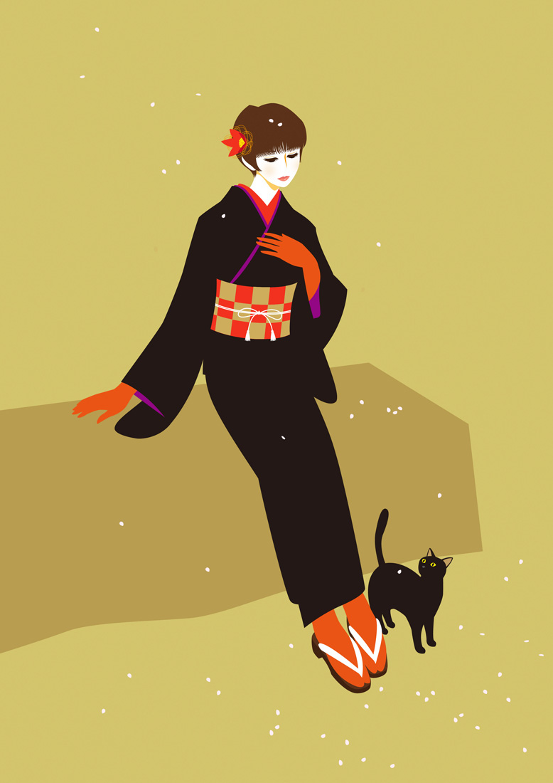 female woman kimono black digital Cat Lady japan