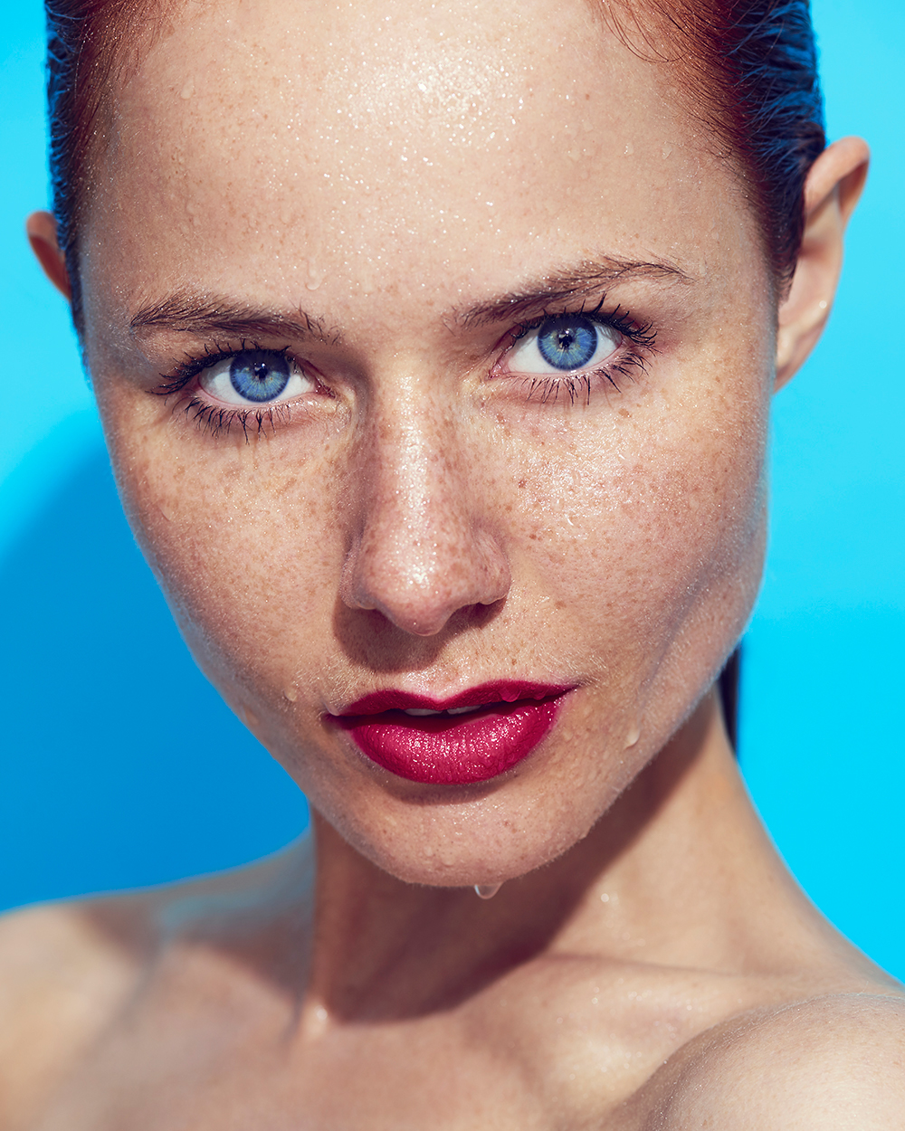 summer beauty close up freckles portrait Polish Model Sunny red lips glow shine