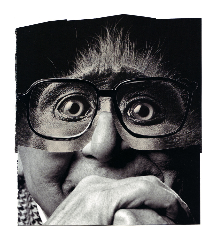 art collage Thinker monkey man glasses black & white perception unity