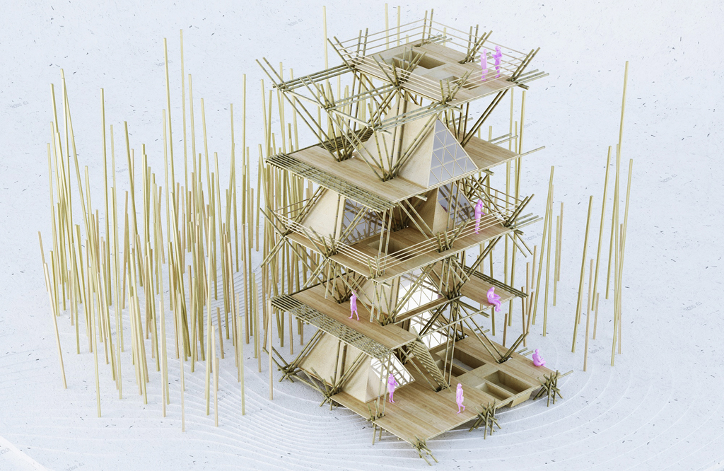 one with the birds bamboo structure diagrid join flexible temporary hotel Nature natural Sustainable ecological environment