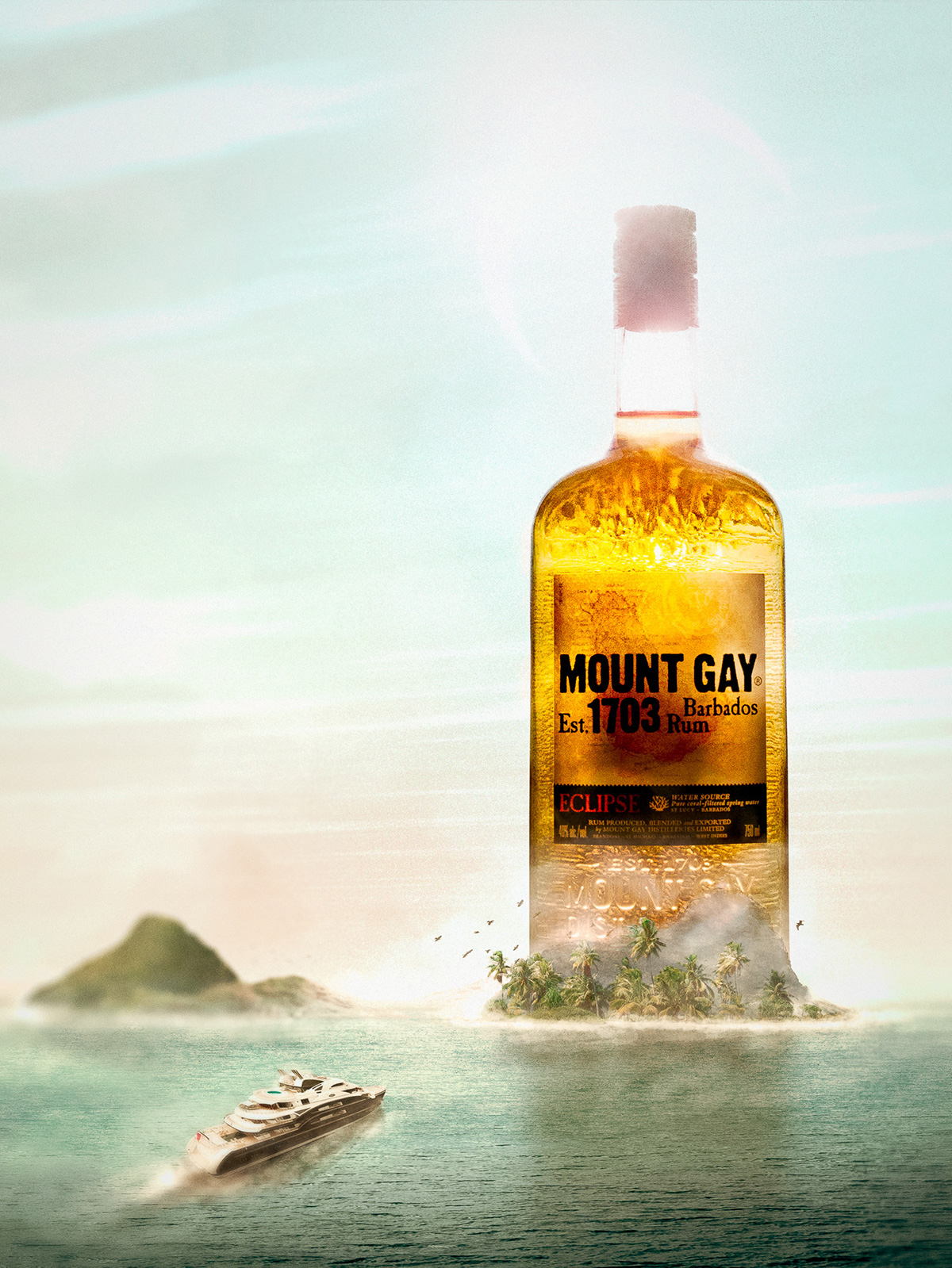 still life studio 3D rendering photoshop photo illustration  nathan spotts Mount Gay Rum eclipse campaign