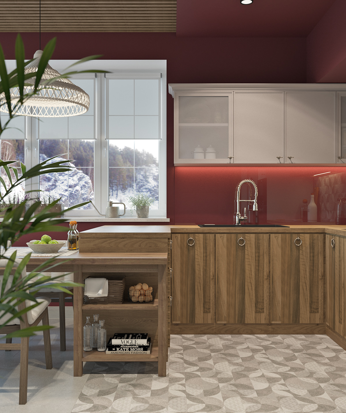 chalet kitchen kitchen design house in The Mountains visualization 3D kitchen marsala interior design  vintage
