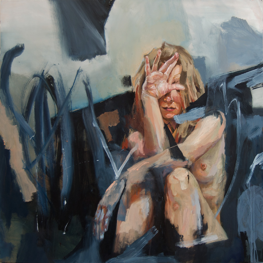 oil_painting brushstrokes Hidden_face portrait hand shy Thoughtful naked skin