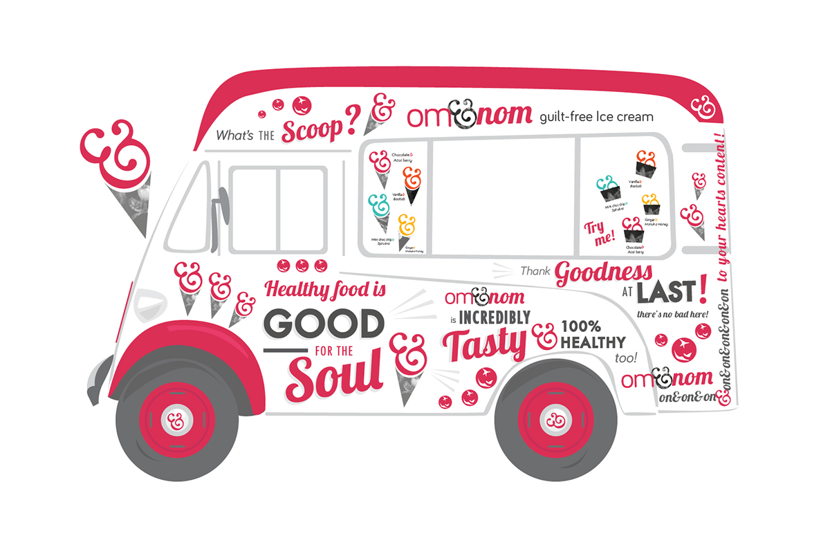 ice cream omnom superfood infographics cone tub healthy tasty Flavours new colour ICE CREAM VAN  Signage type final major project