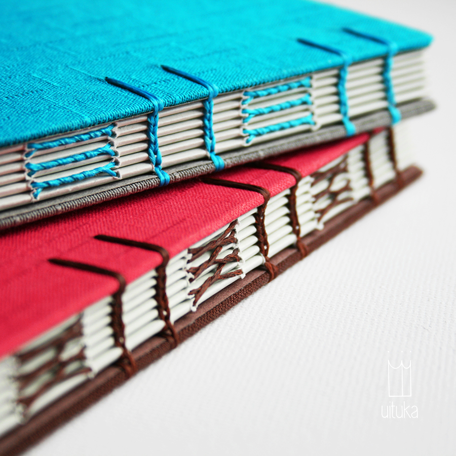 Bookbinding sketchbook notebook journal coptic stitch handmade Hand-Bound fuchsia blue grey brown linen