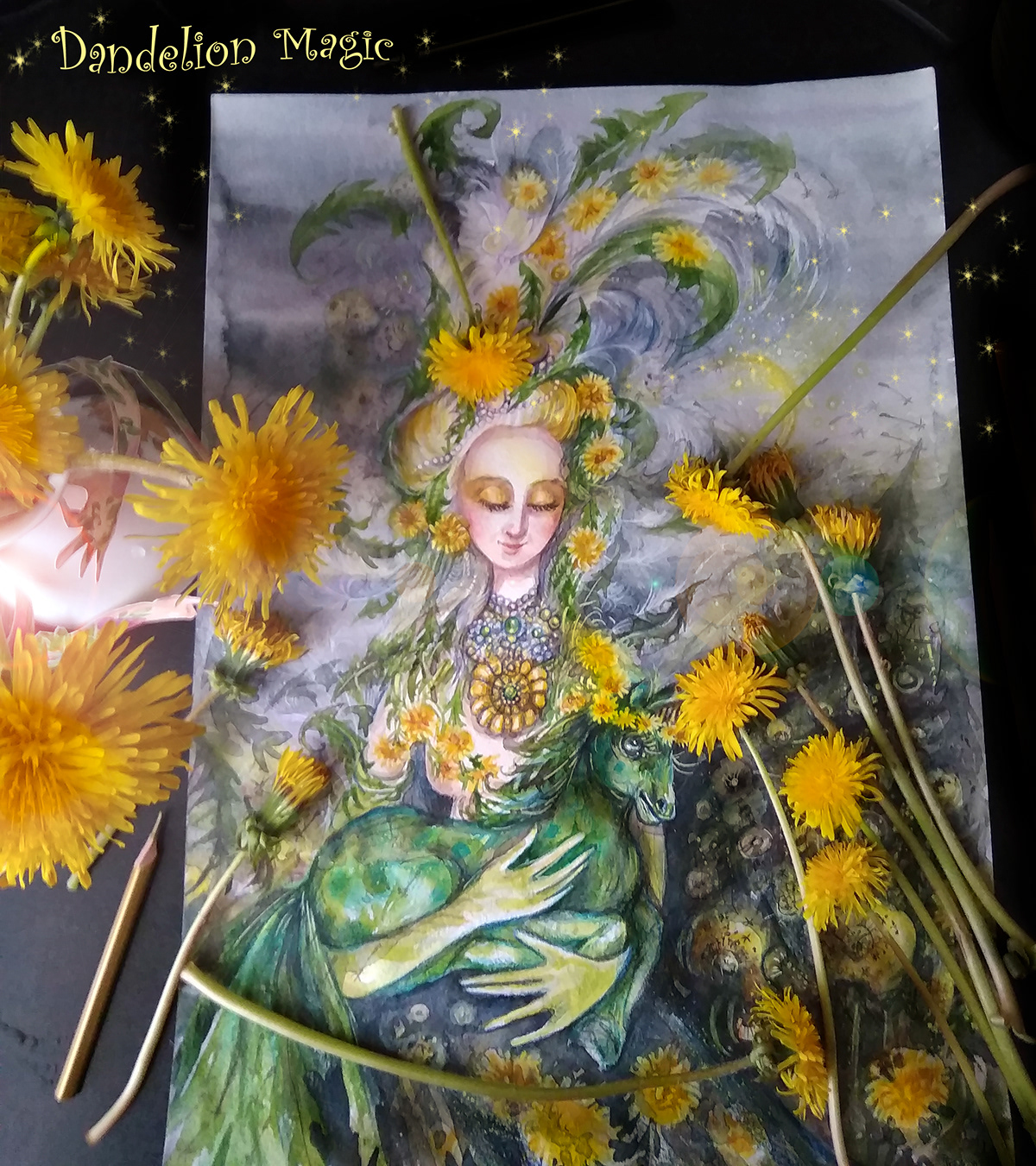 Dandelions Drawing  fairy fantasy flower Magic   Nature unicorn watercolor yellow
