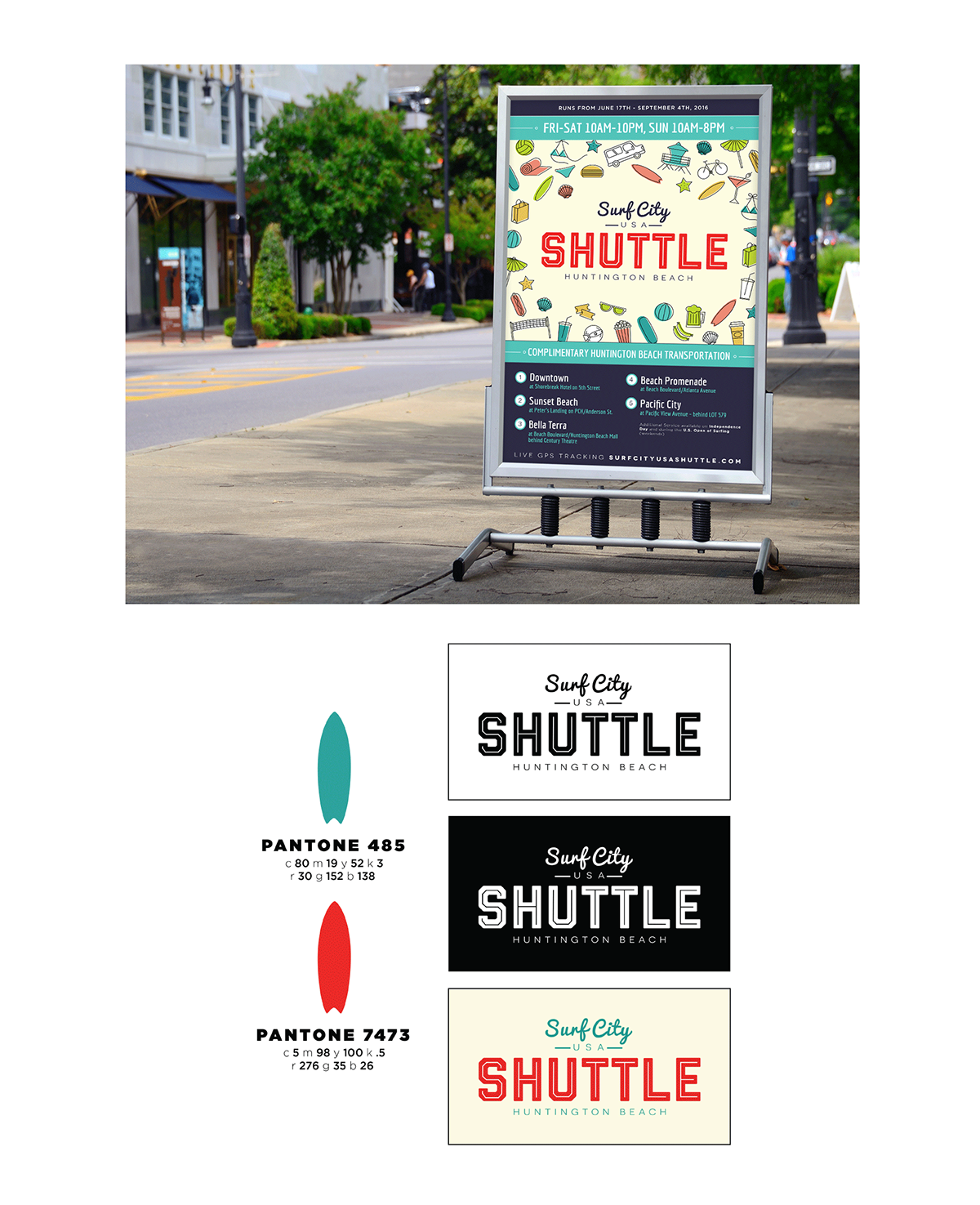 car wrap shuttle poster Signage branding  beach city Huntington Beach flyer print design  icons