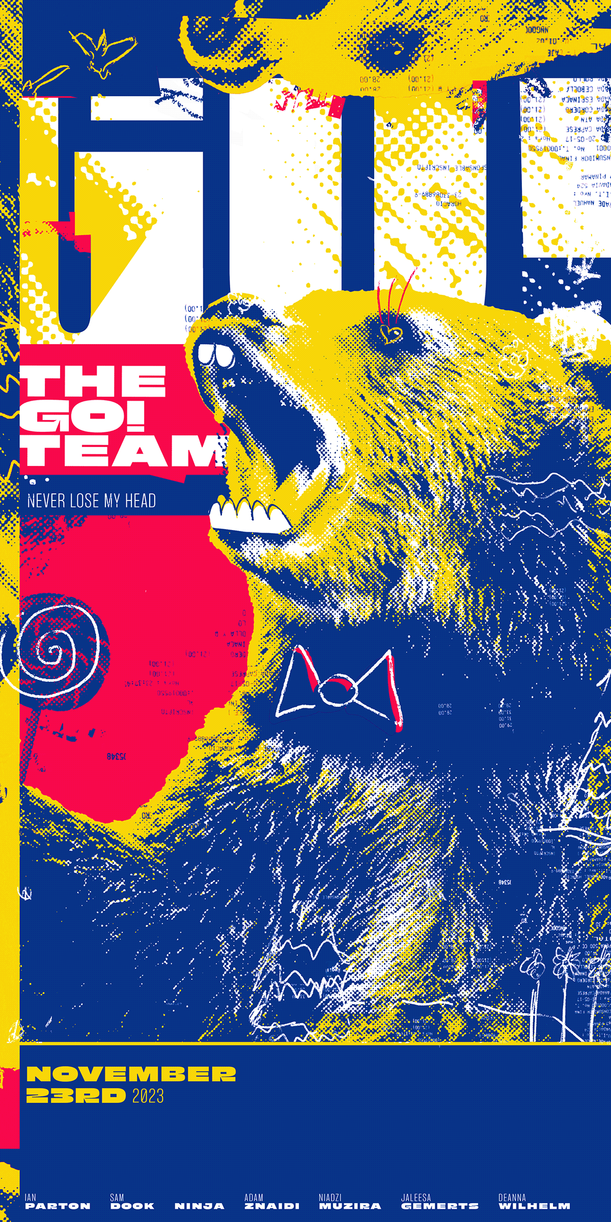 Poster design for The Go! Team displaying a bear yelling with doodles on it.