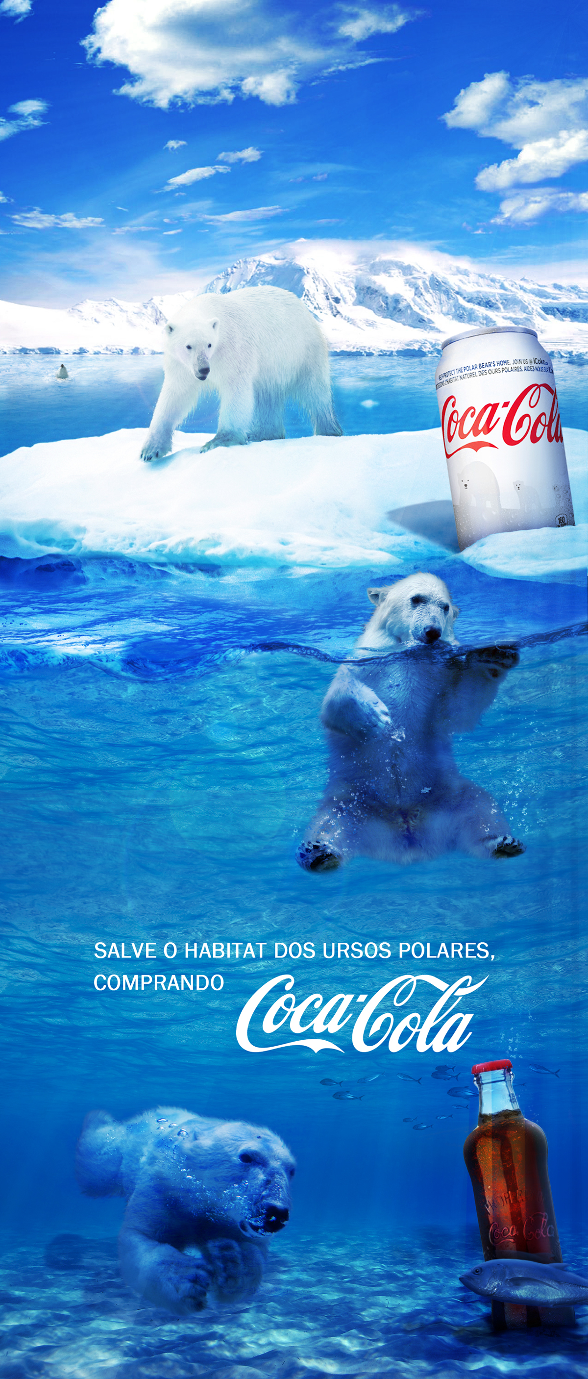 Coca Cola ad billboard byob school Project bears snow water ice blue lemon