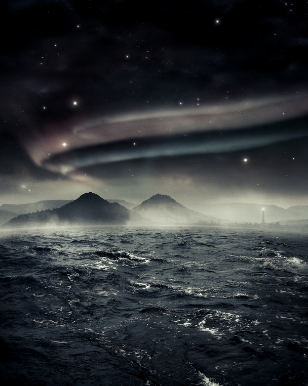 aurora Borealis night mountains water