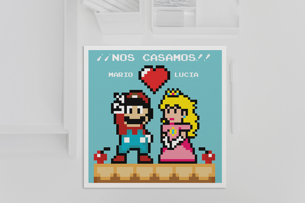 wedding Boda invitación Gamer Mario Bros Nintendo Princess princesa Iglesia dibujo diseño gráfico Original creative pixel Pixel art