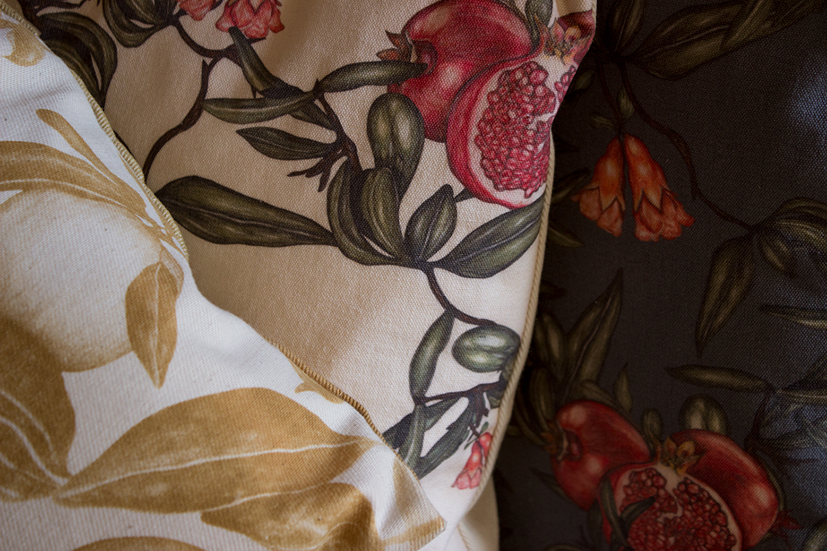 Nature Surface Pattern textile handcraft room setup lemons cushions interiors design