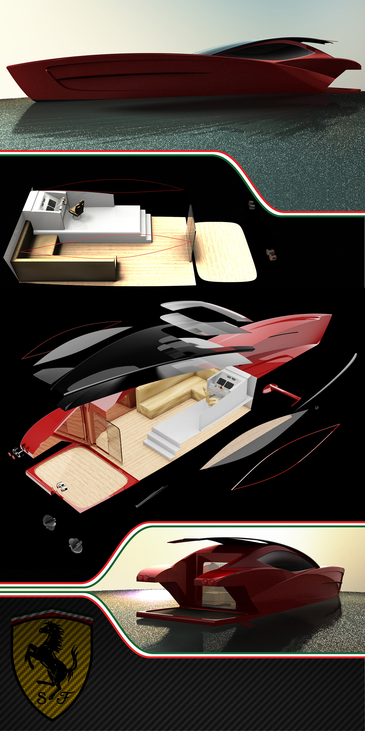 FERRARI Speedboat Boats Yachts designs creative sea student Autodesk Alias automotive   red Exhibition  London elegant