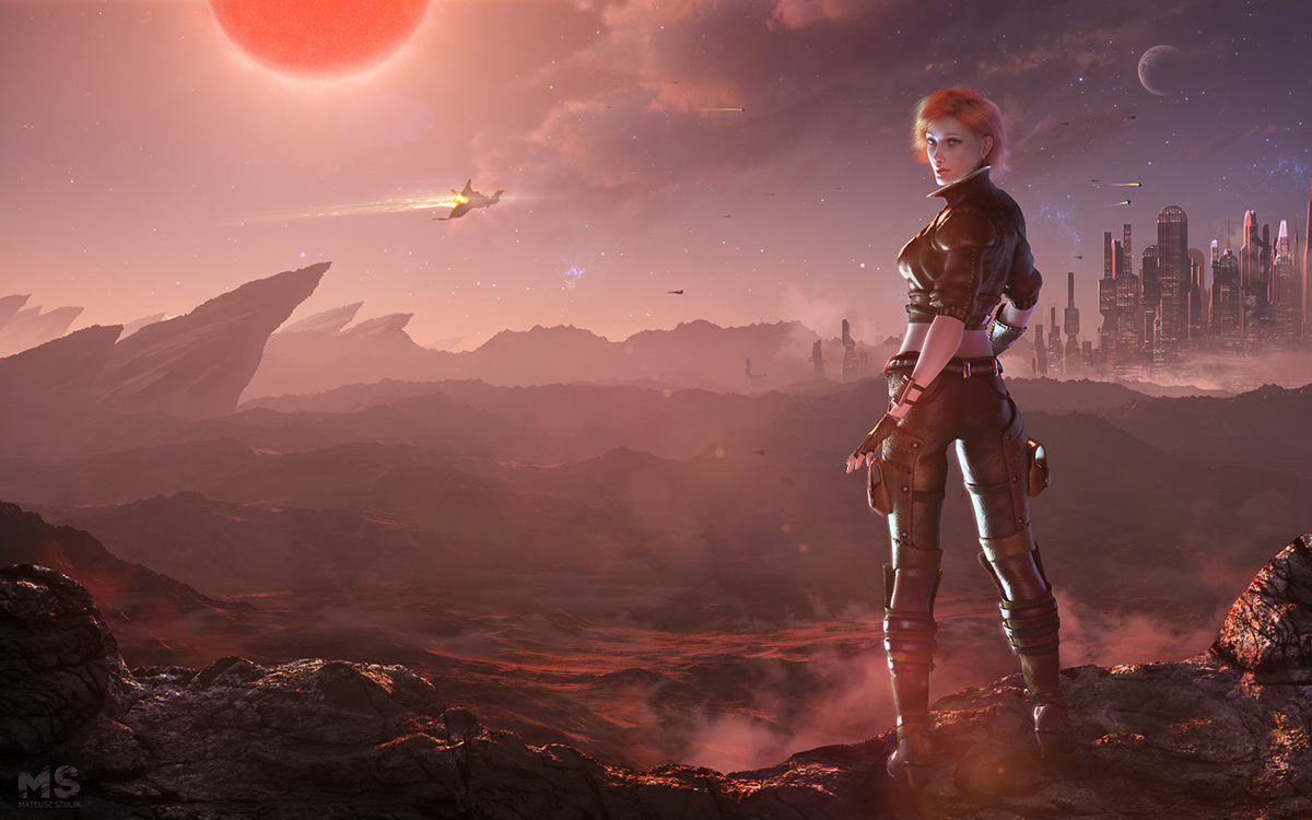 Boudica heroine Hero dwarf planet sci-fi Space  Sci Fi ground red moon city game design Matte Painting