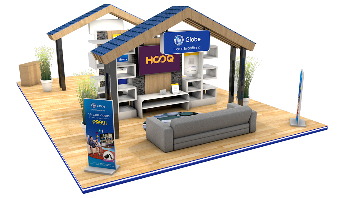 home broadband 3d booth modelling wood white blue