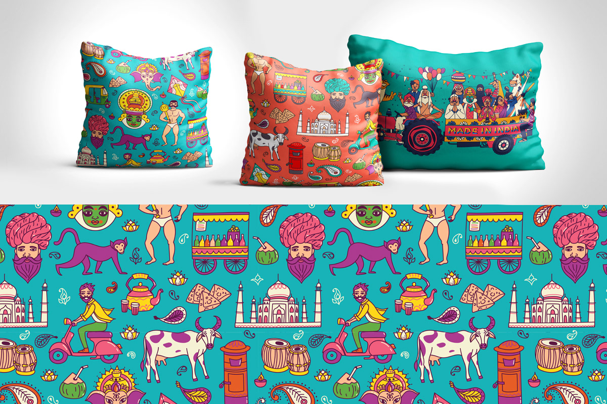 India Taj Mahal Rickshaw kathakali pattern culture cow indian tiger ILLUSTRATION 