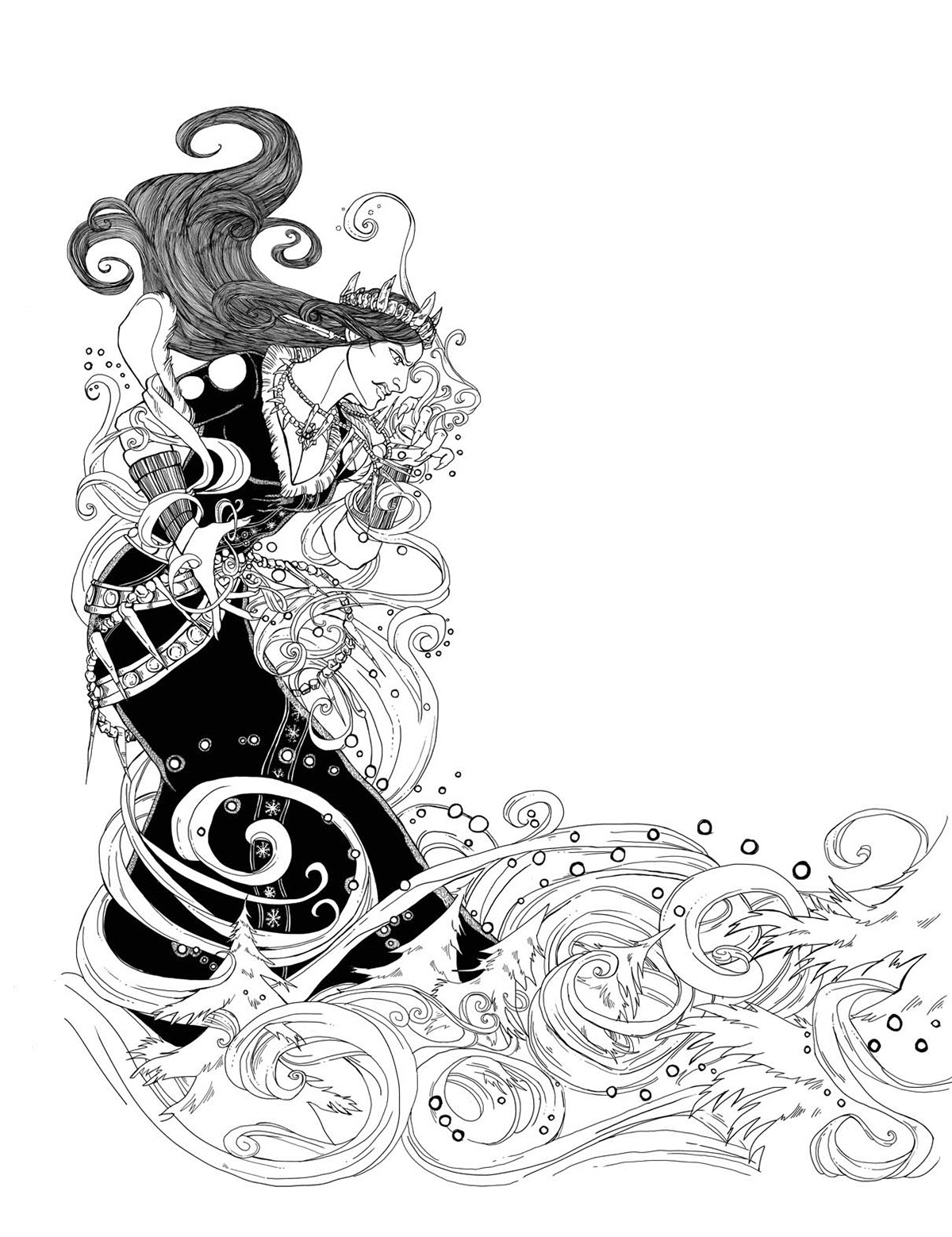 black and white  baba yaga Russian Fairytales  fantasy Digital Drawing  Digital Inking