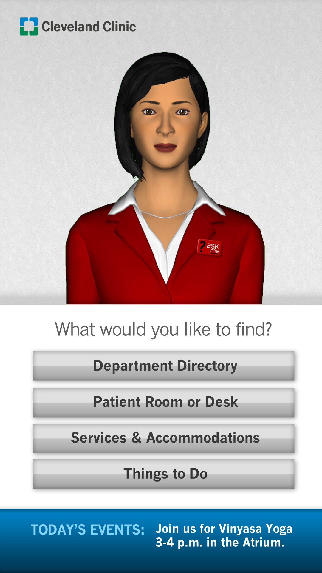 Kiosk  interactive design  interactive wayfinding avatar virtual concierge Cleveland Clinic