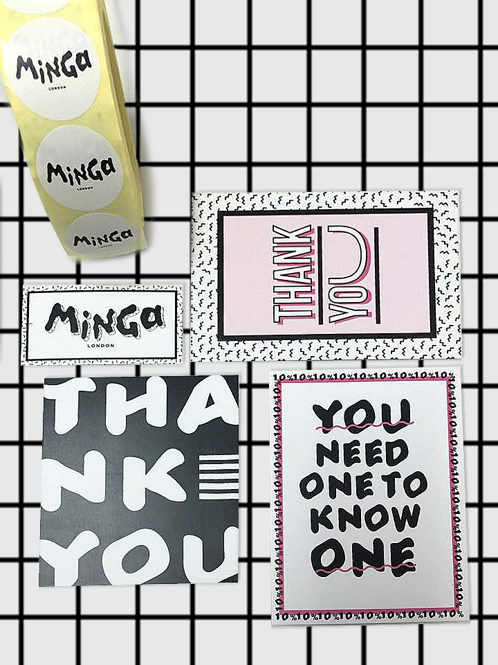 identity cloth brand minga London pink black labels logo flyers thanks Web Layout