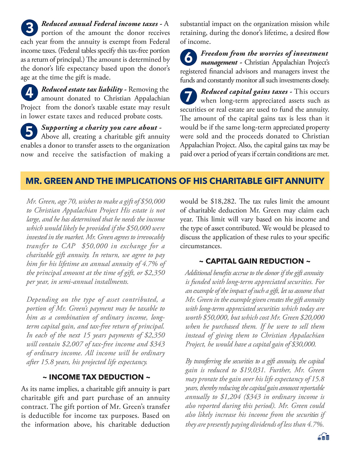 Third page of the first edition of the Planned Giving Newsletter for Christian Appalachian Project