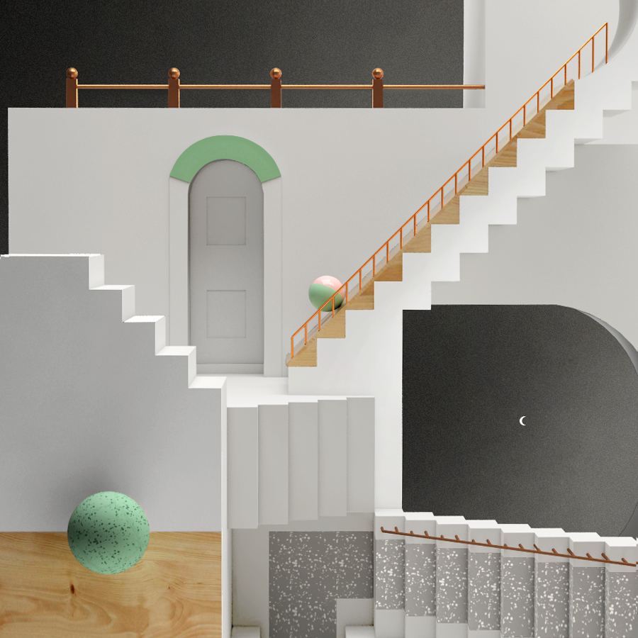 relativity escher fiscortes fiscortes studio 3D illustration Render vray stairs Panton Chair bird