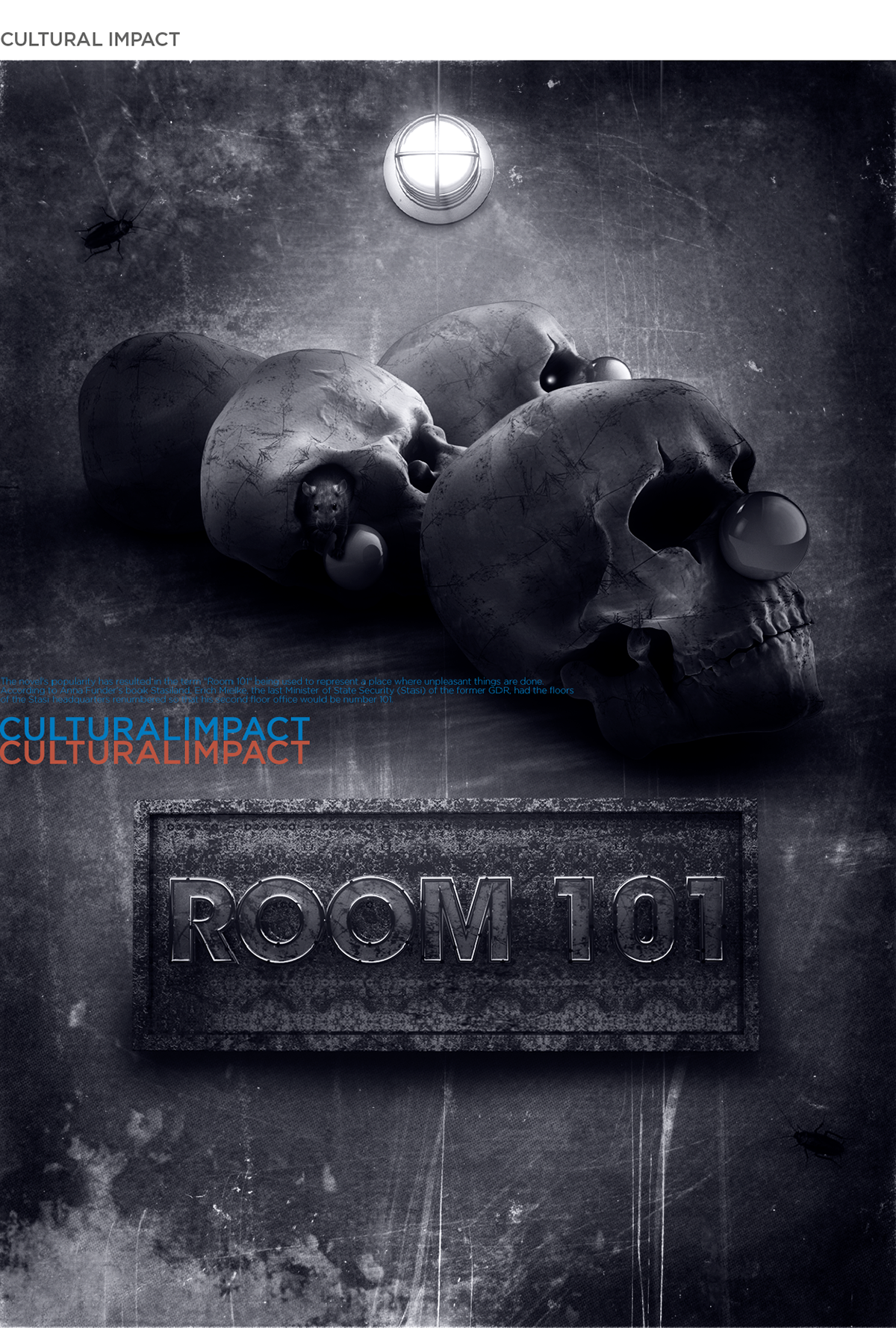 George Orwell 1984 Room 101 3D skulls clown rat cockroach light old fear phoebia nightmare metal cinema 4d