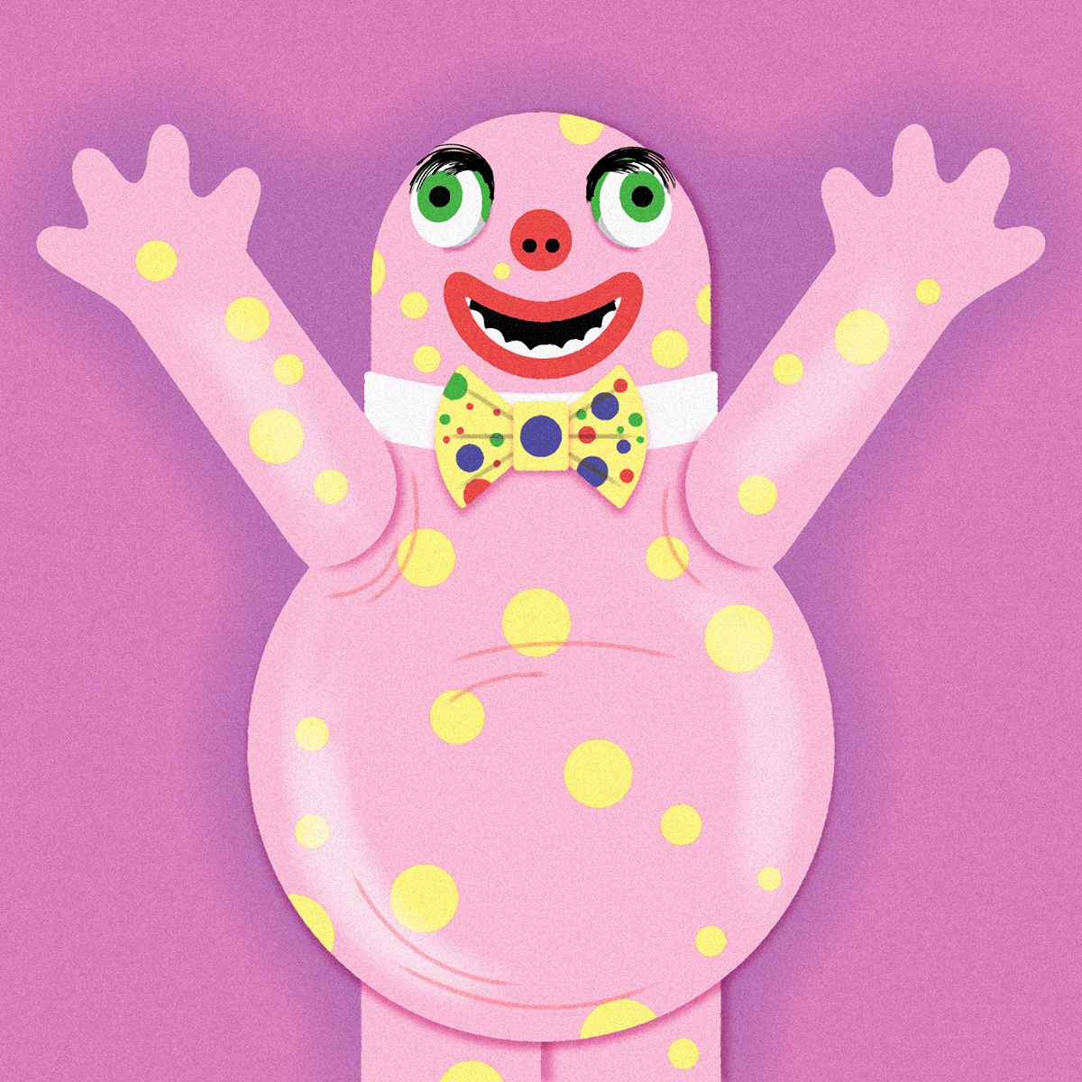 Illustration of a big pink blobby, smiling monster with yellow spots and wearing a bowtie