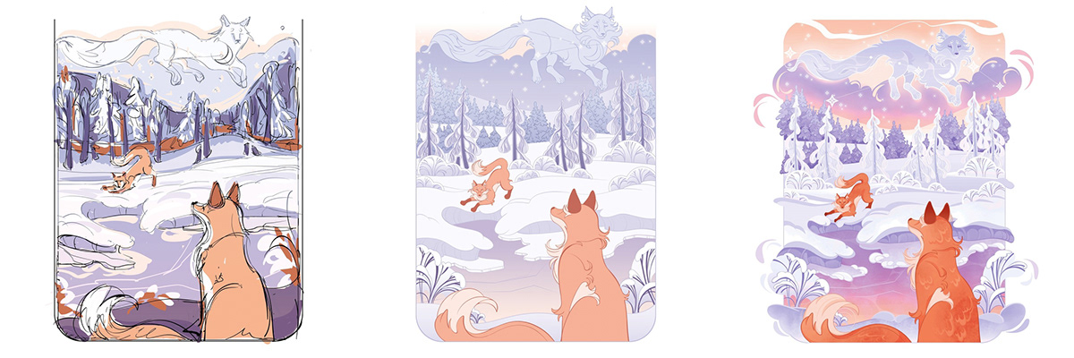 constellation Digital Art  forest FOX foxes ILLUSTRATION  postcards snow stickers winter