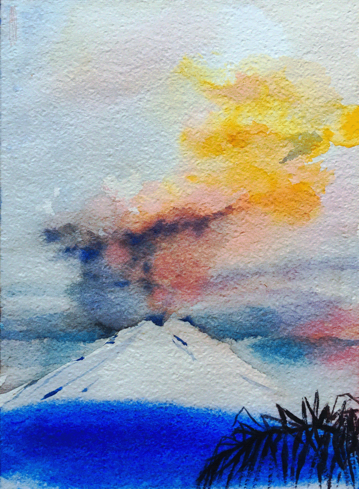 volcano watercolor SKY twilight clouds painting   Landscape
