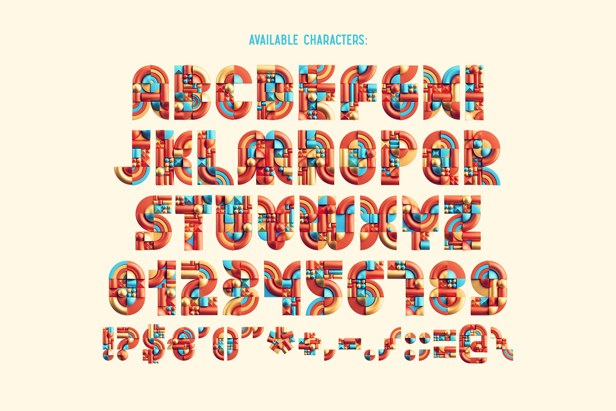 3D abstract alphabet color font geometric lettering Render shapes Typeface