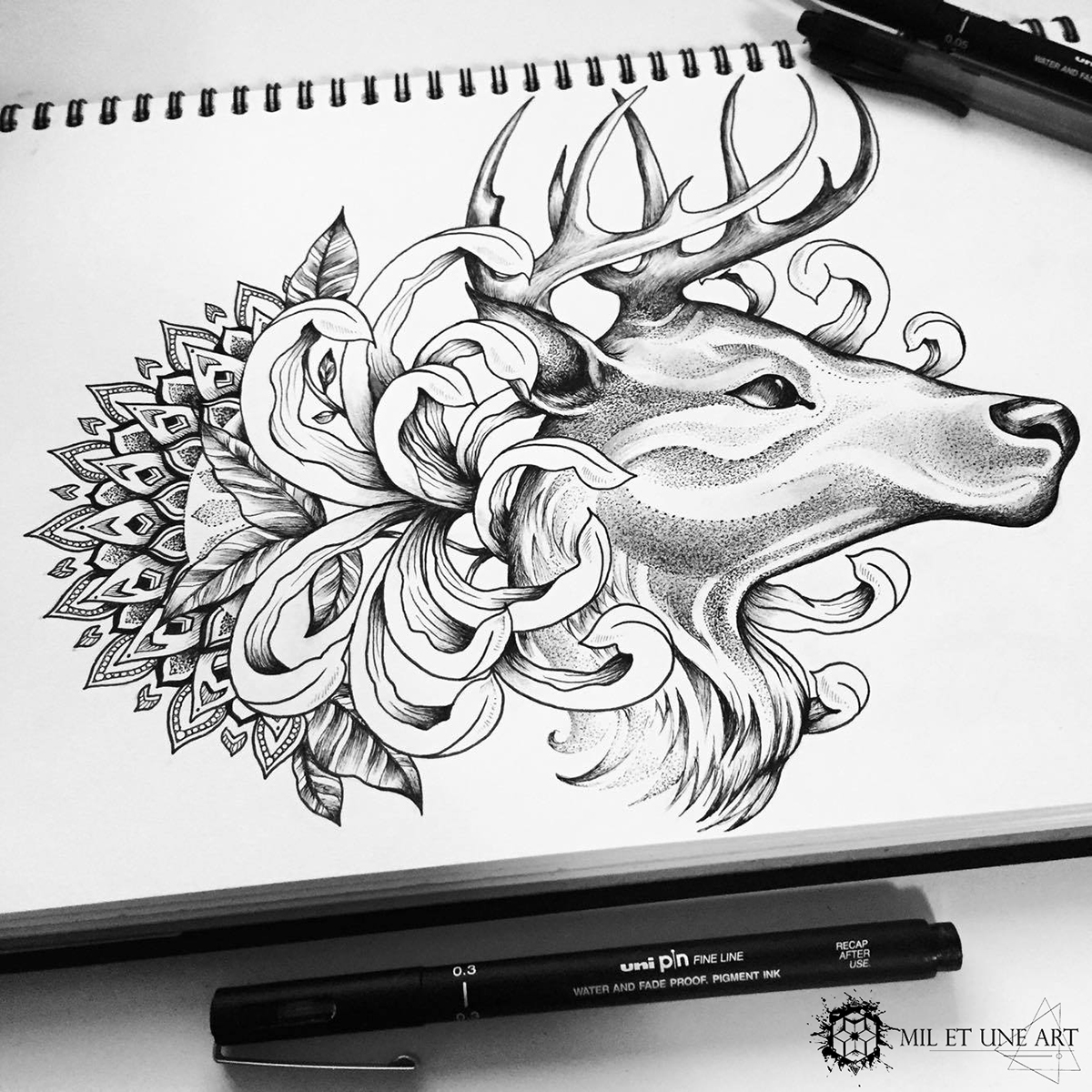 deer Chrysanthemum tattoo Nature Mandala dotwork pen and ink mil et une emilie desaunay