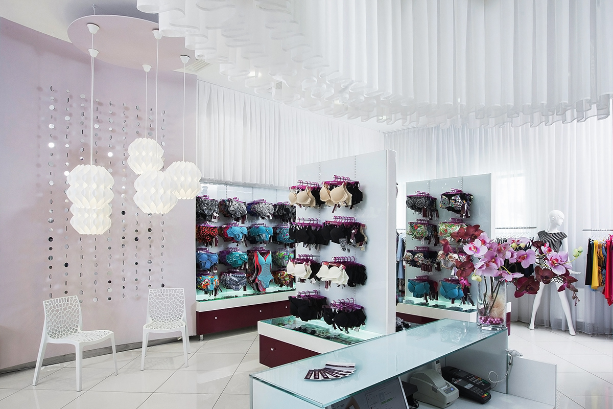 Interior lingerie shop boutique swimwear BEACHWEAR tights White Trade equipment shelves