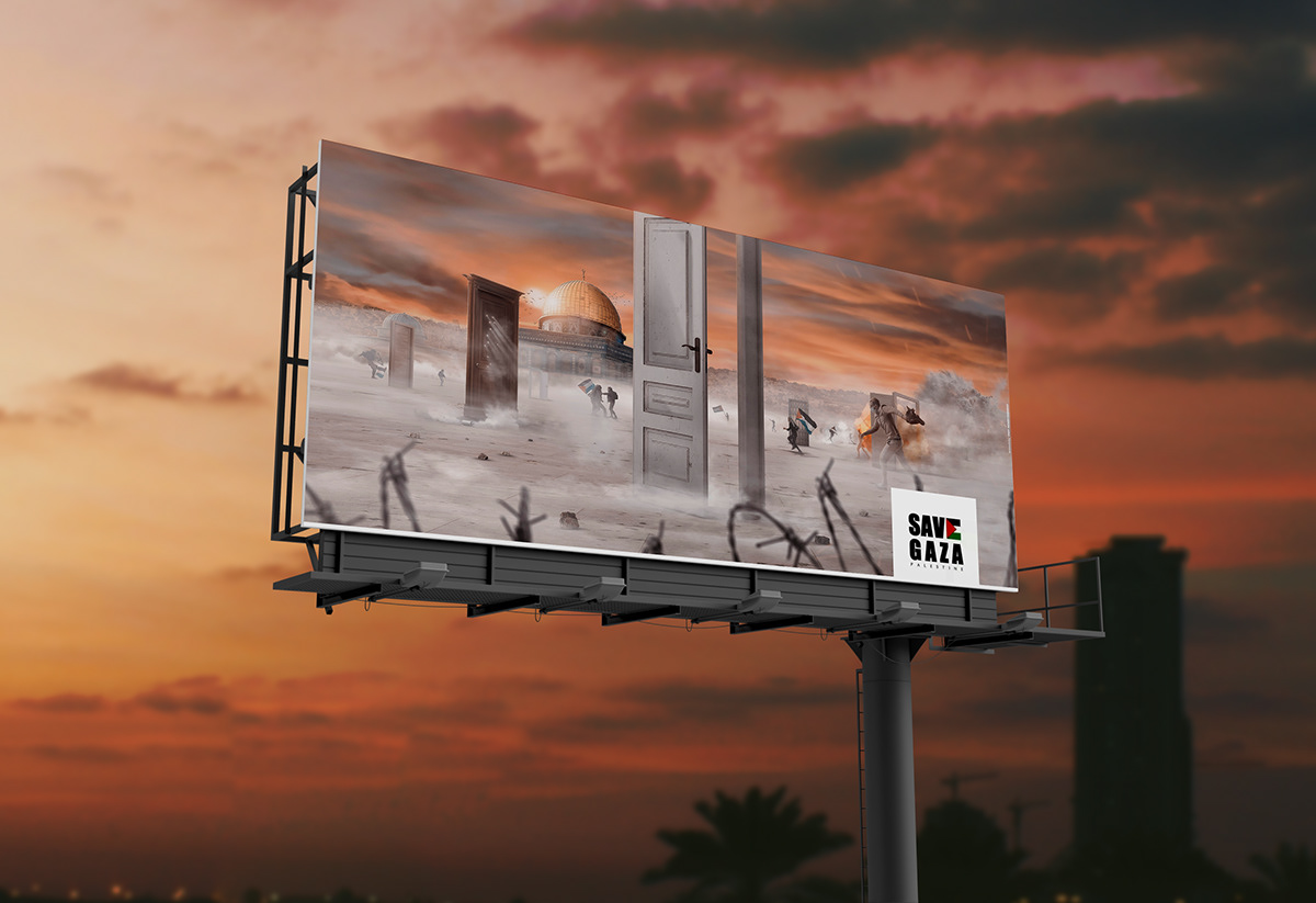 artwork billboard gaza manipulation orange palestine poster retouch retouching  Save gaza