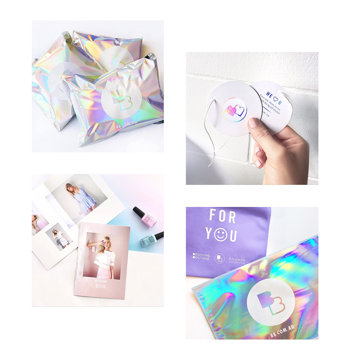 Packaging art direction  holographic Fashion  boutique graphic design  print design  Business Cards Stationery design