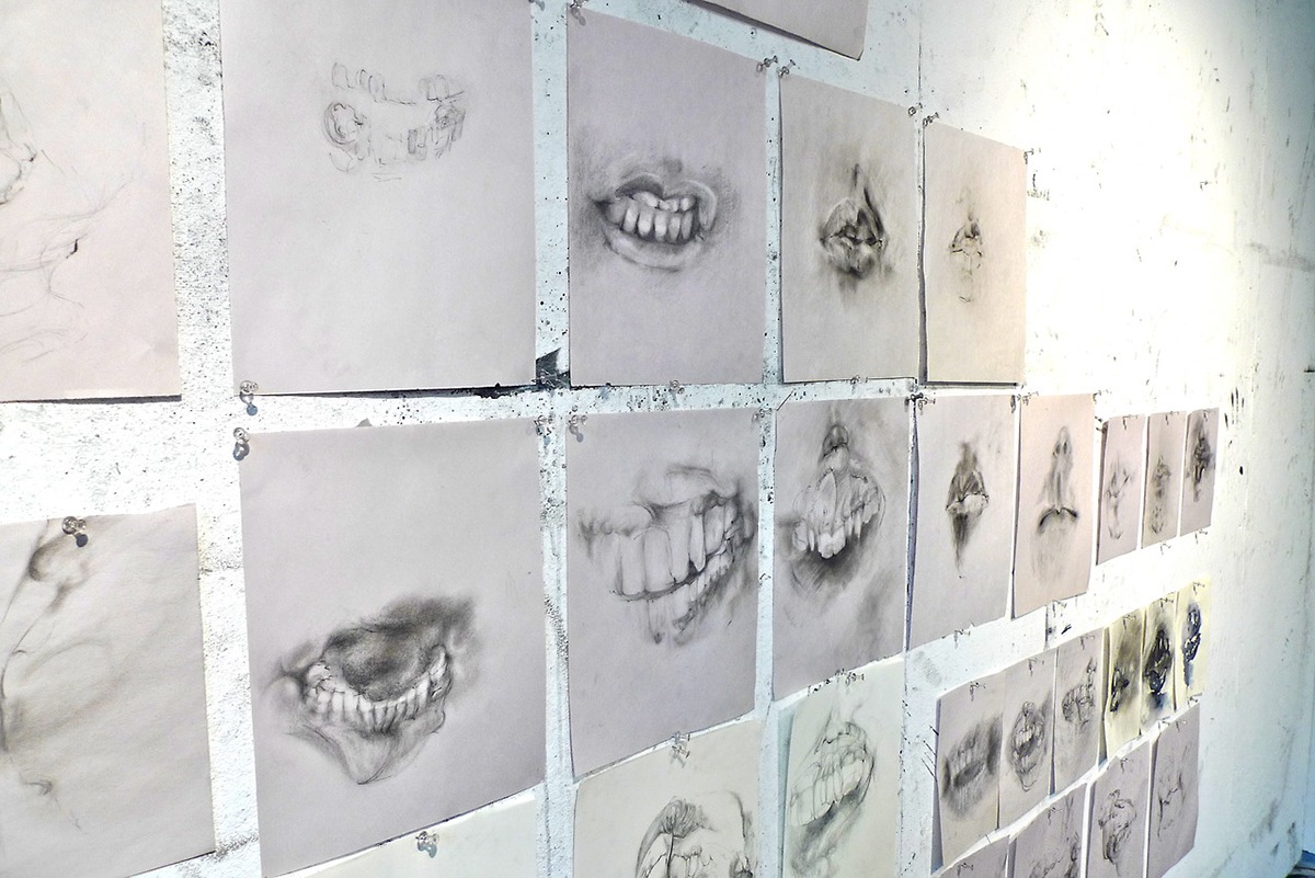 Mouth teeth lips charcoal portrait