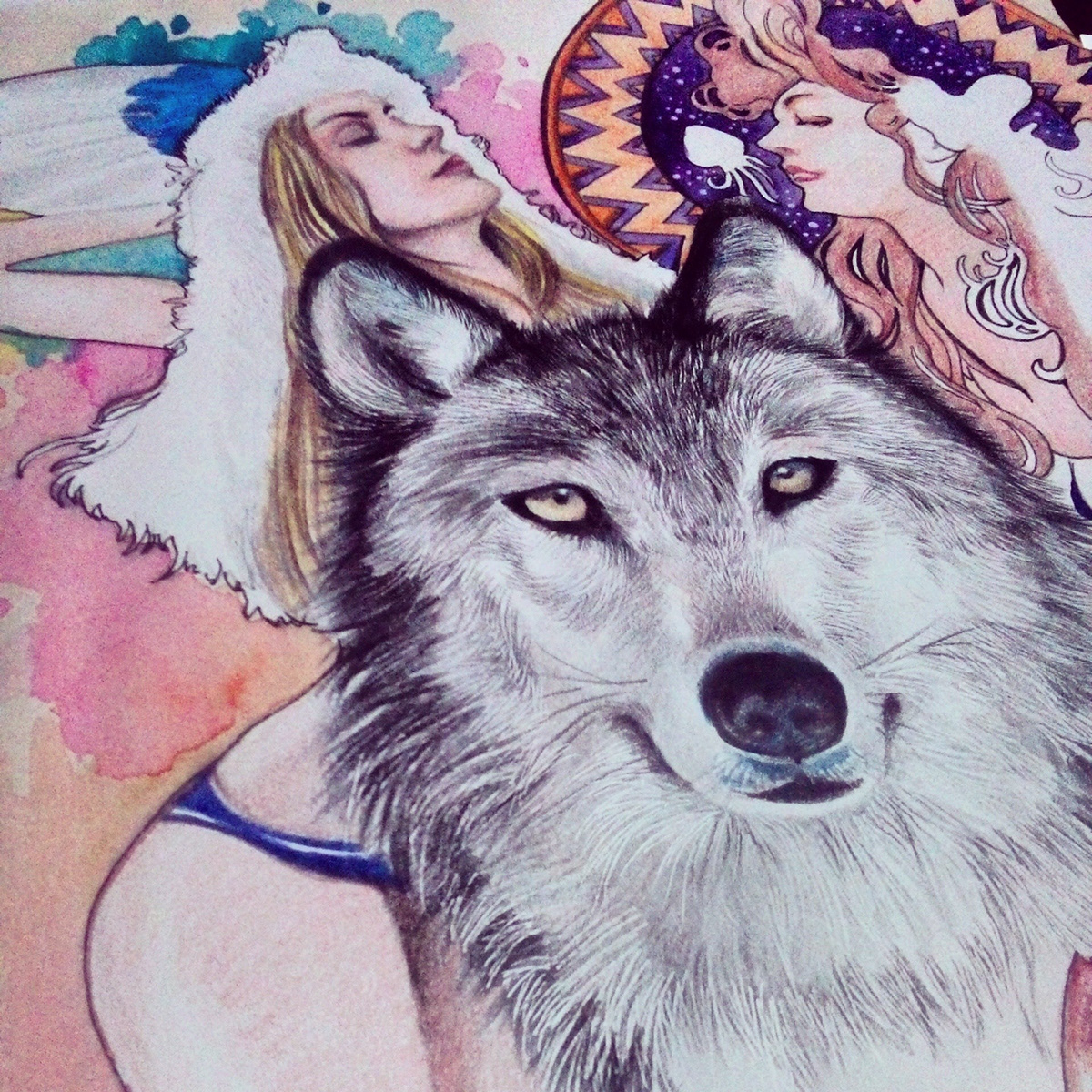 girls wolf watercolor ColorPencil colorful girls and wolf
