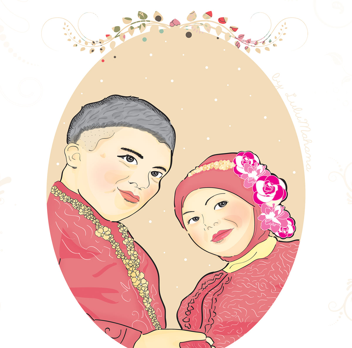 Indonesian bride red couple sunday cute adorable pengantin hijab Skin Head pastel wedding anniversary Invitation