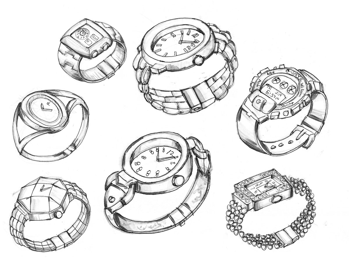 watch shoes ring jewelry sketches rendering earrings
