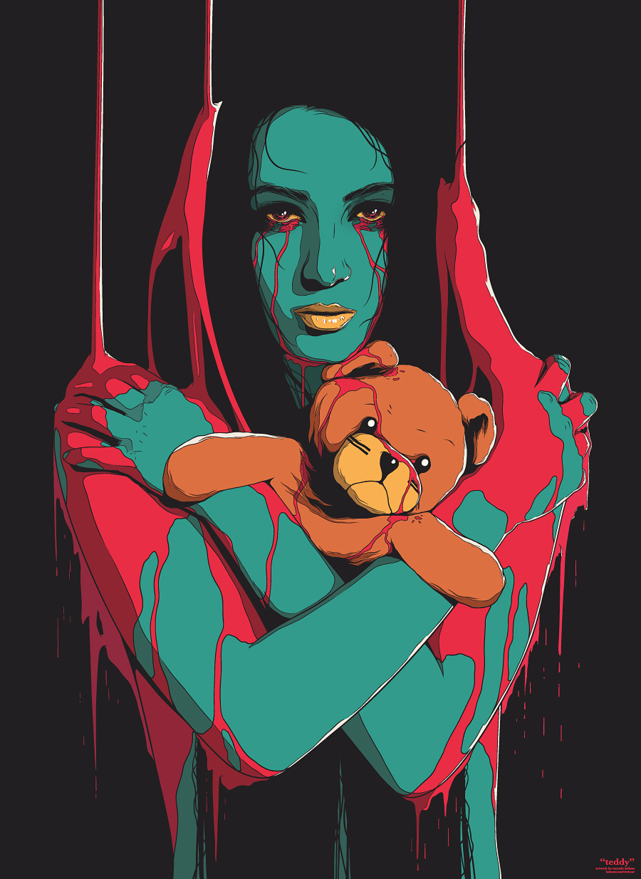 vector sinister TeddyBear Teddy dark bear portrait woman girl slime blood tears details face poster