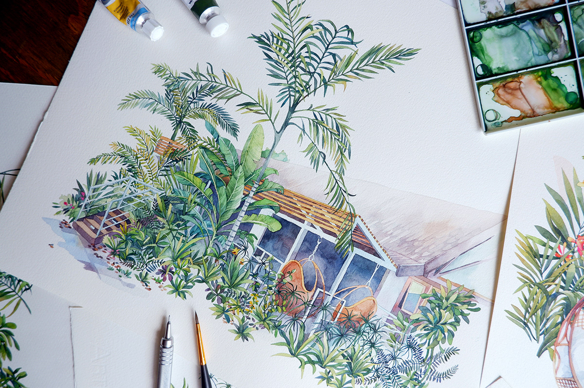 Drawing  illustrations jungle Nature Tropical watercolor