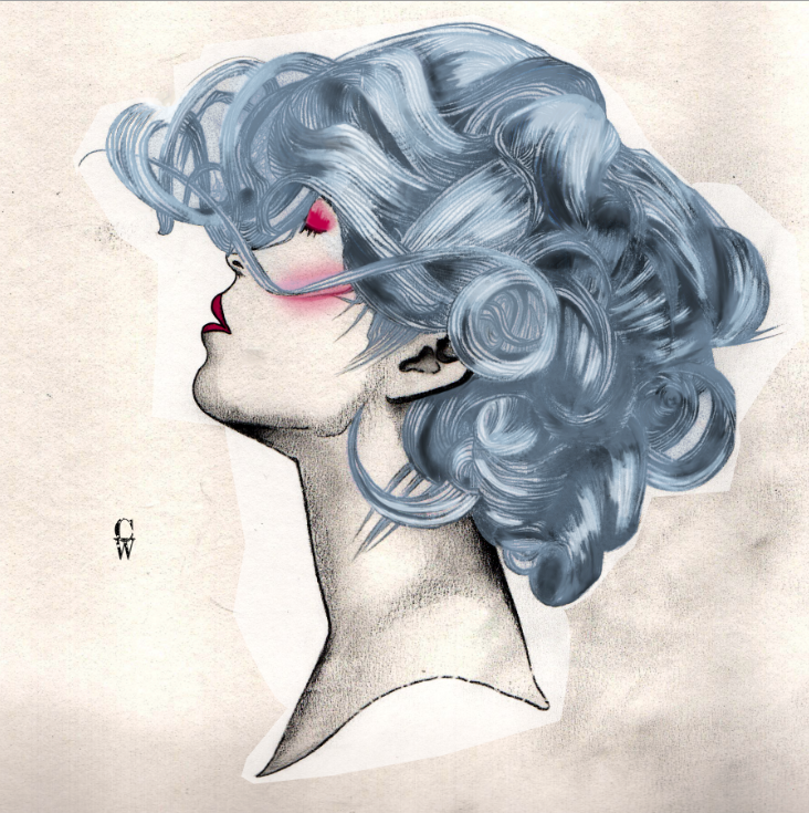 hair curls profile head girl Character fashion illustration cheryl windahl grey blues