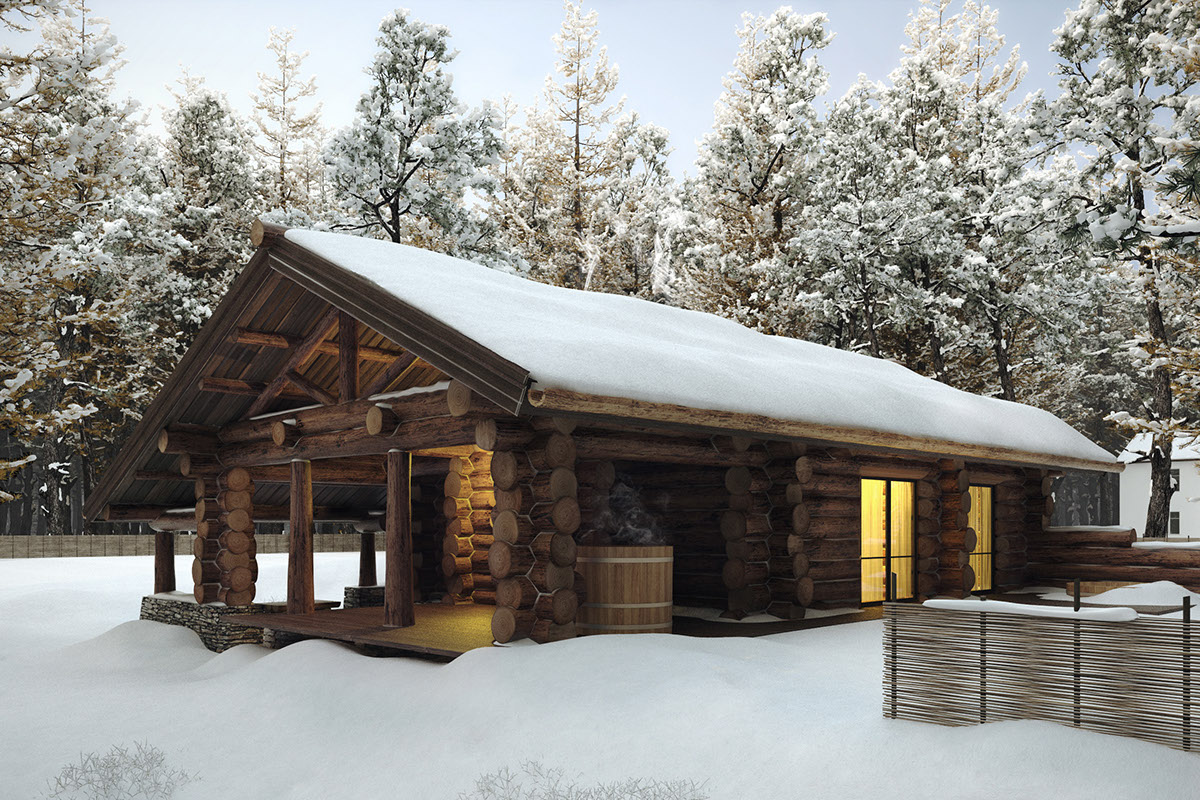 3D rendering visualization loghouse winter